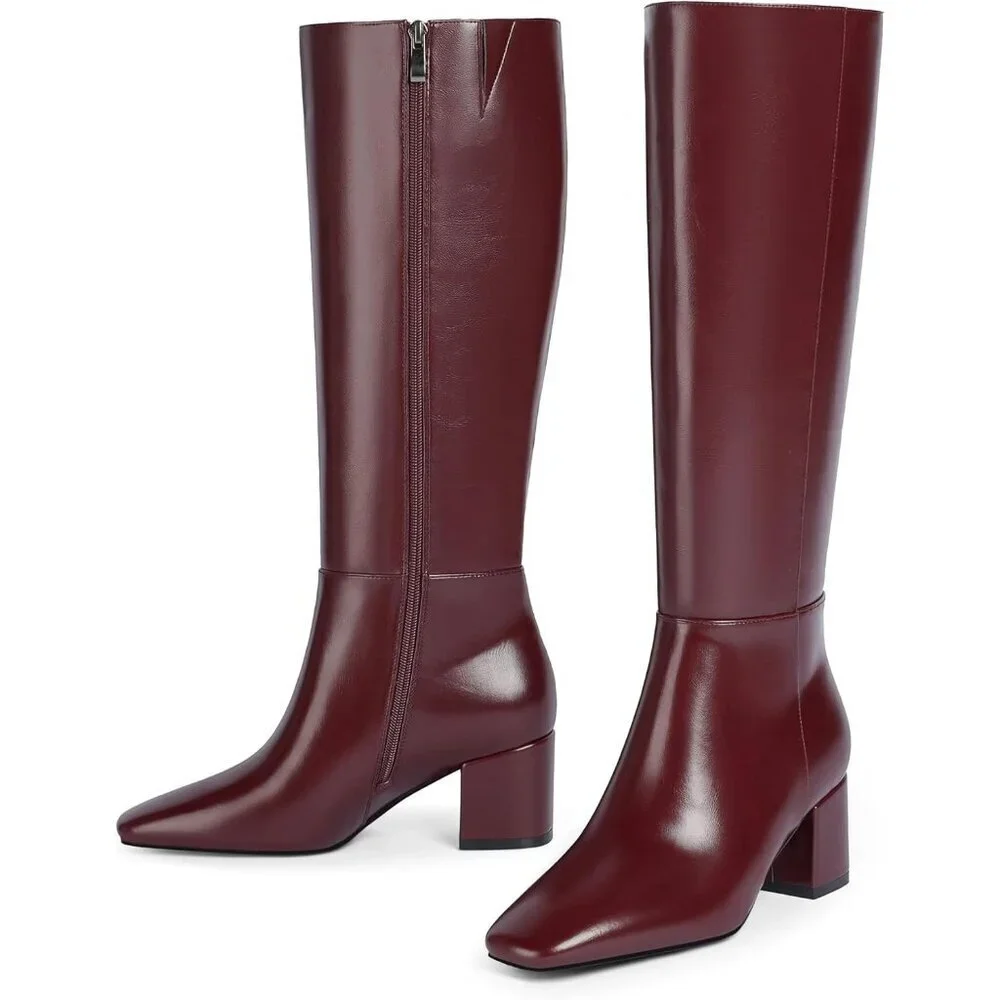 Women's Burgundy Knee High Boots Square Toe Tall Chunky Heel Rubber